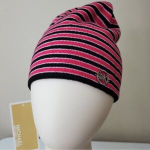 Michael Michael Kors Womens Black Pink Mini Ribbon Stripe Knit Fashion Beanie OS